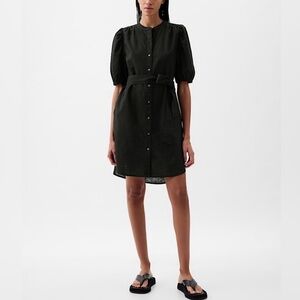 GAP Black Linen Blend Short Puff Sleeve Button Front Shirt Dress